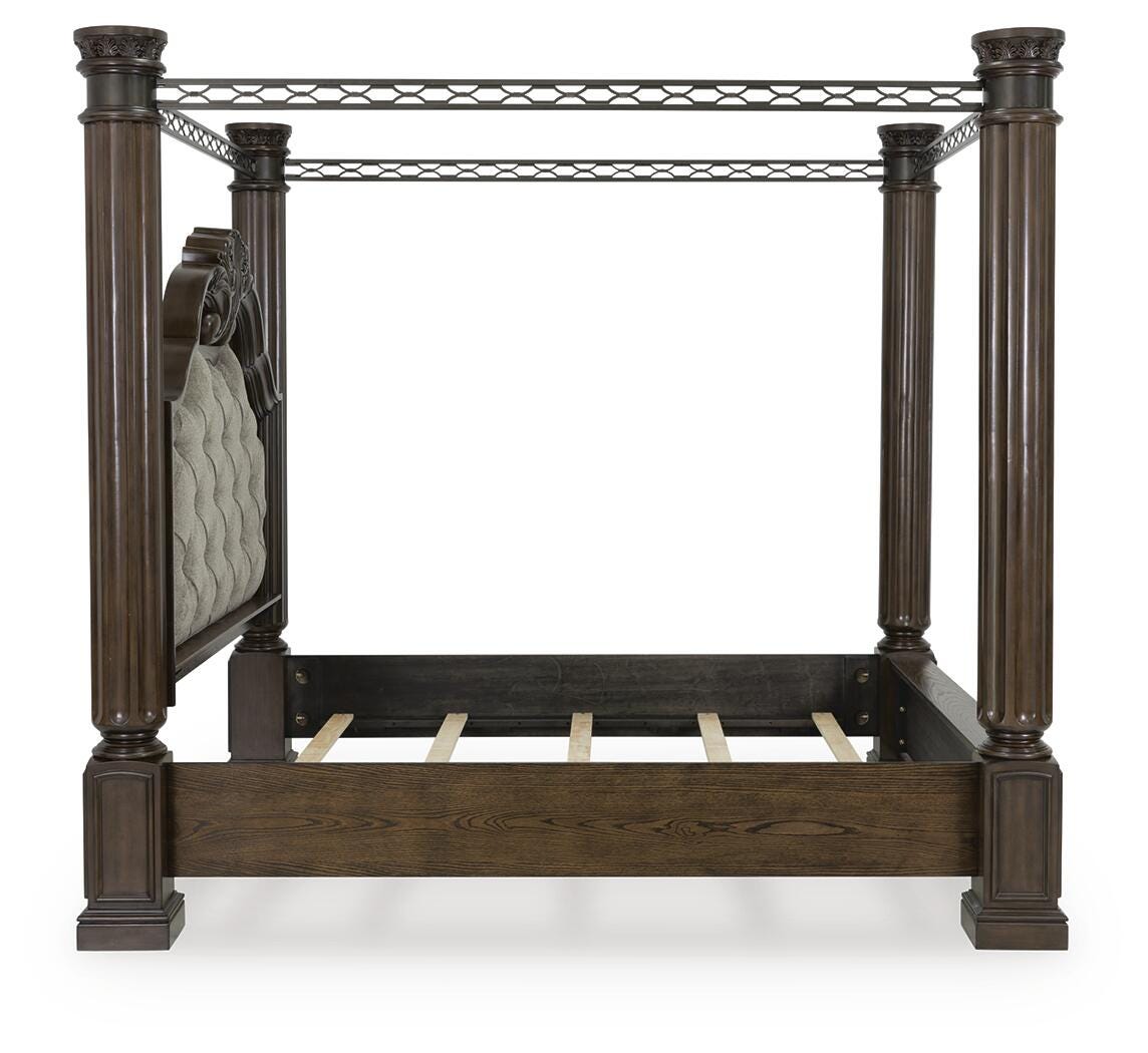 Maylee Queen Canopy Bed in Dark Brown, side view