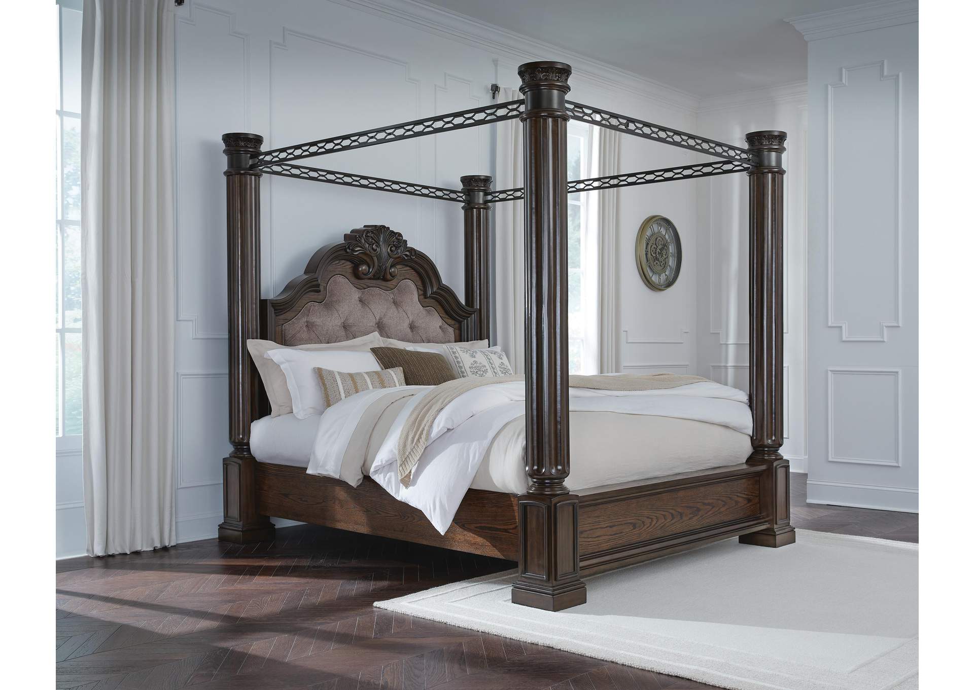 Maylee California King Canopy Bed, Dresser and Nightstand