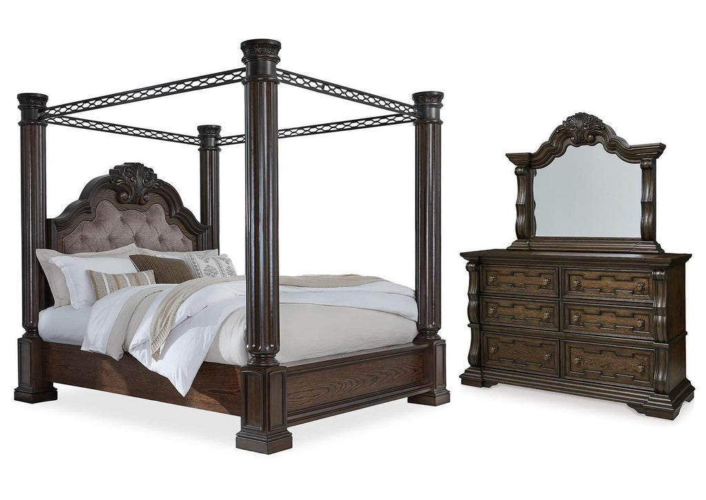 Maylee California King Canopy Bed, Dresser and Mirror