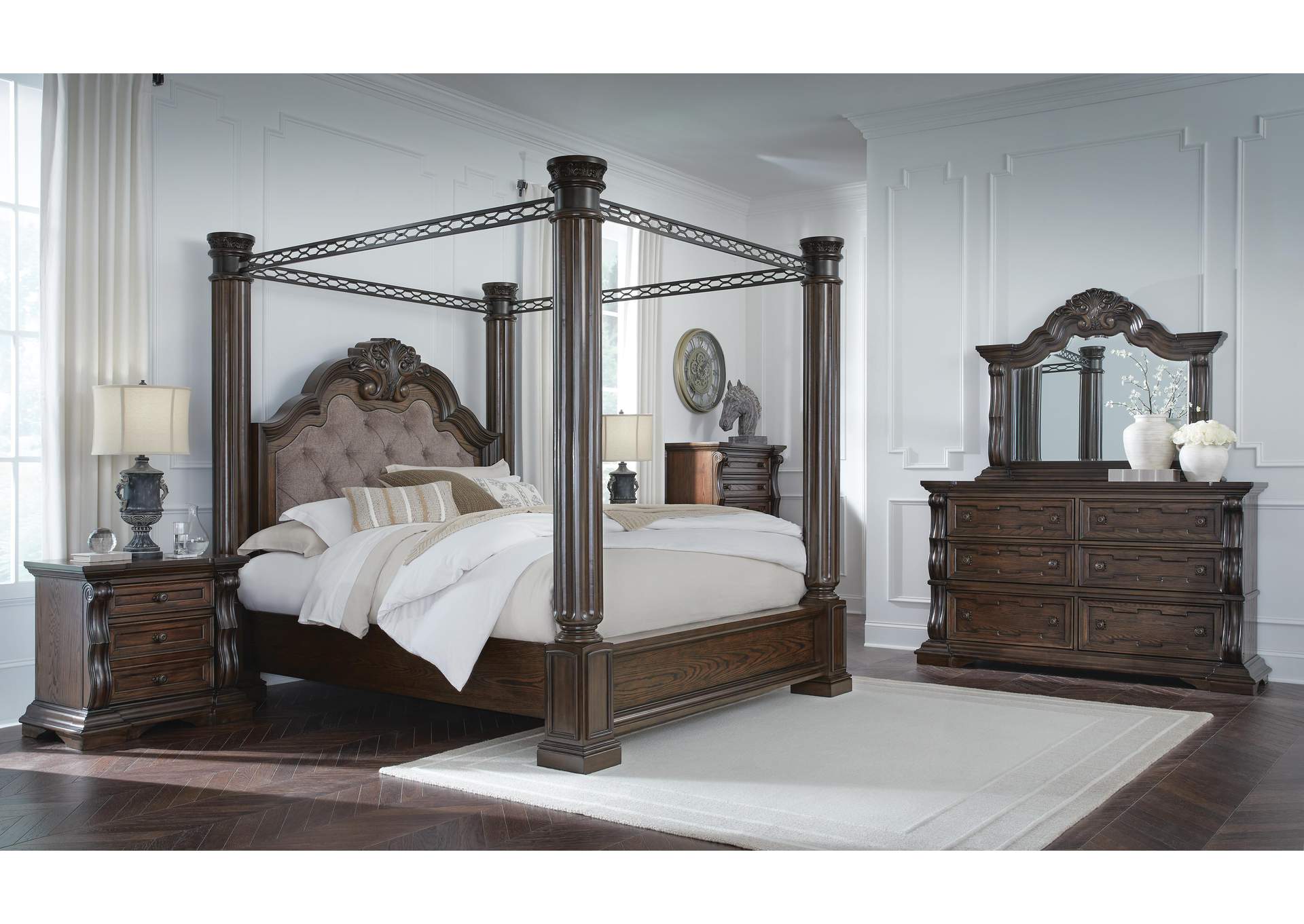 Maylee California King Canopy Bed, Dresser and Mirror