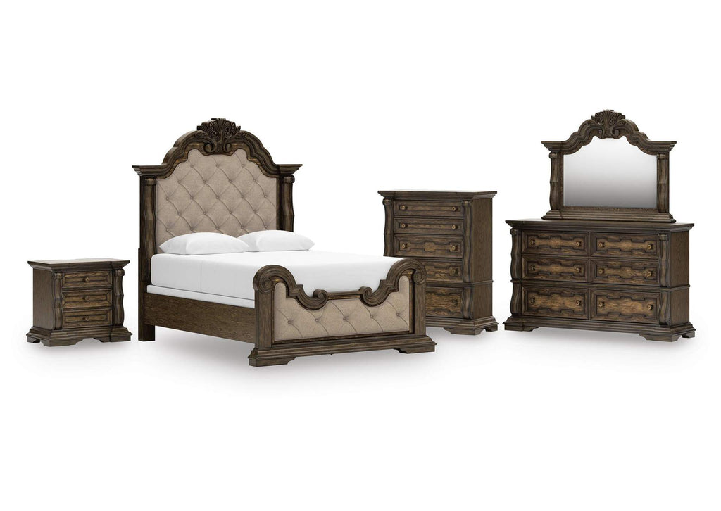 Maylee Queen Upholstered Bed, Dresser, Mirror, Chest and Nightstand