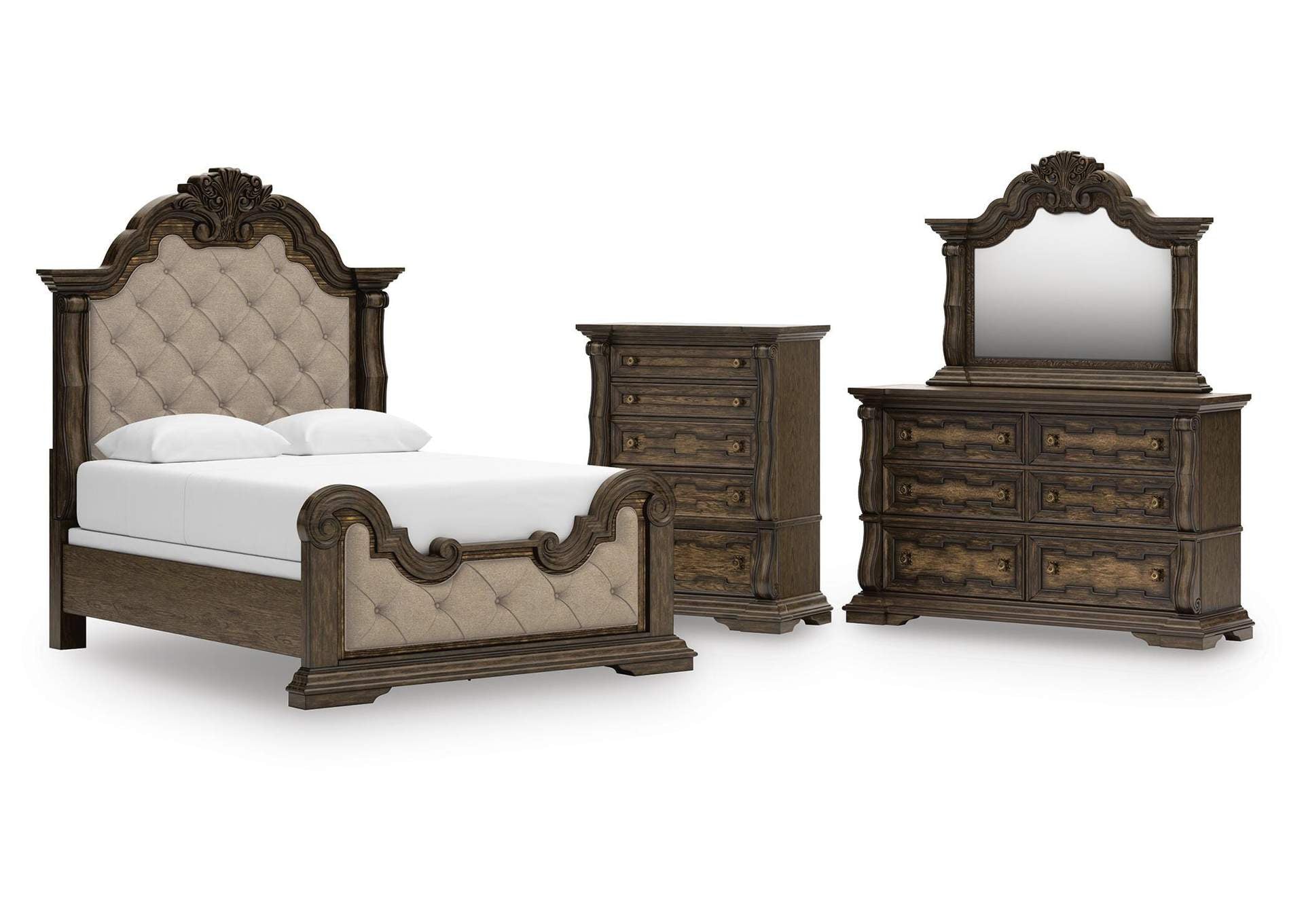 Maylee Queen Upholstered Bed, Dresser, Mirror and Chest