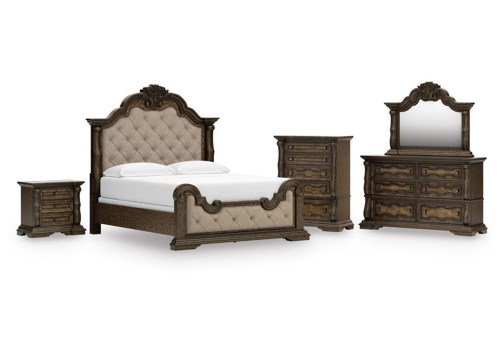 Maylee California King Upholstered Bed, Dresser, Mirror, Chest and Nightstand