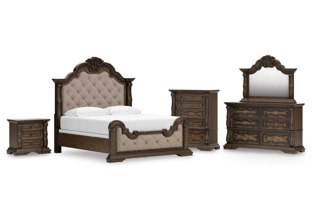 Maylee King Upholstered Bed, Dresser, Mirror, Chest and Nightstand
