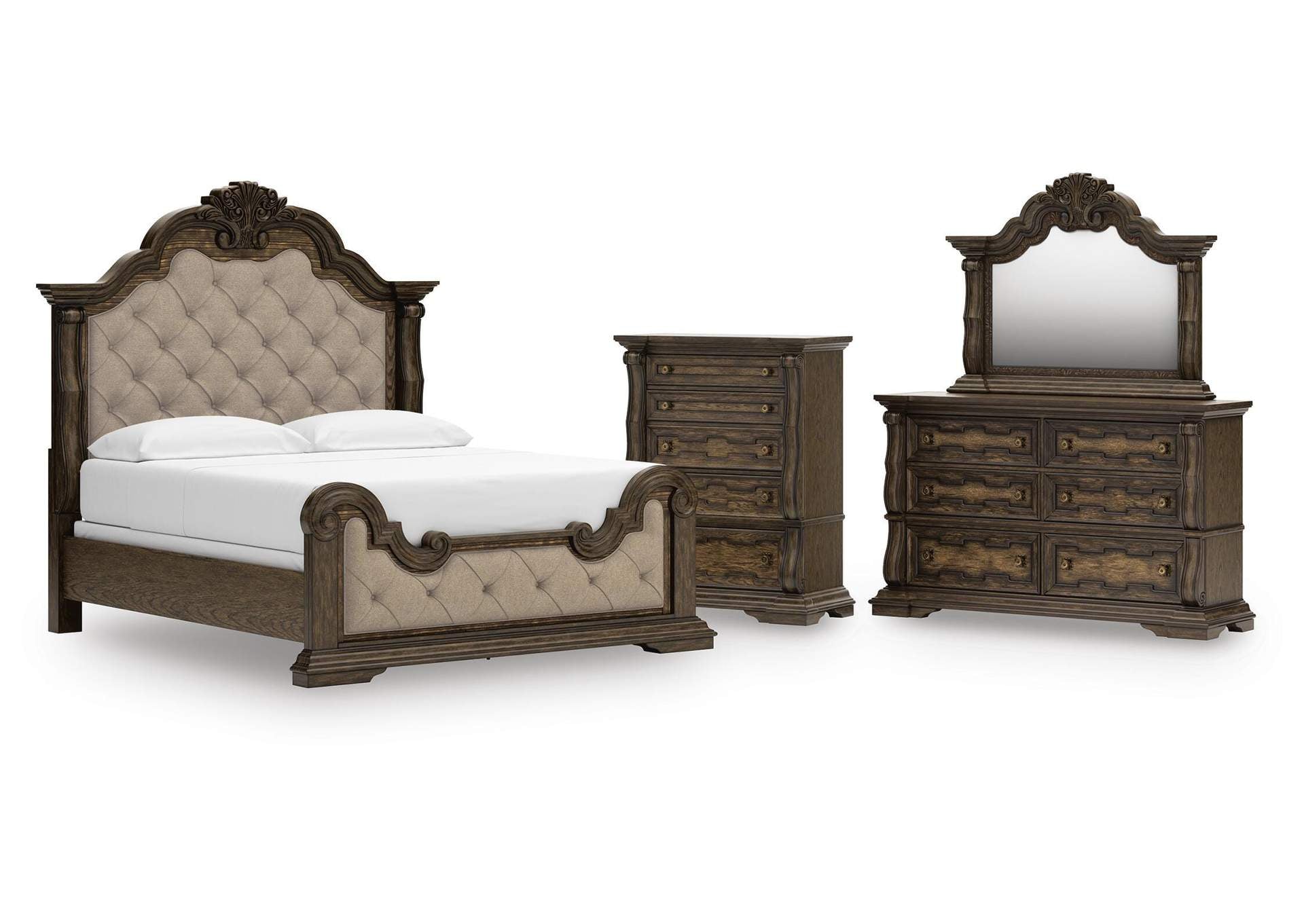 Maylee California King Upholstered Bed, Dresser, Mirror and Chest