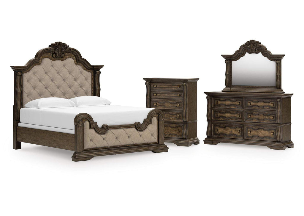Maylee King Upholstered Bed, Dresser, Mirror and Chest