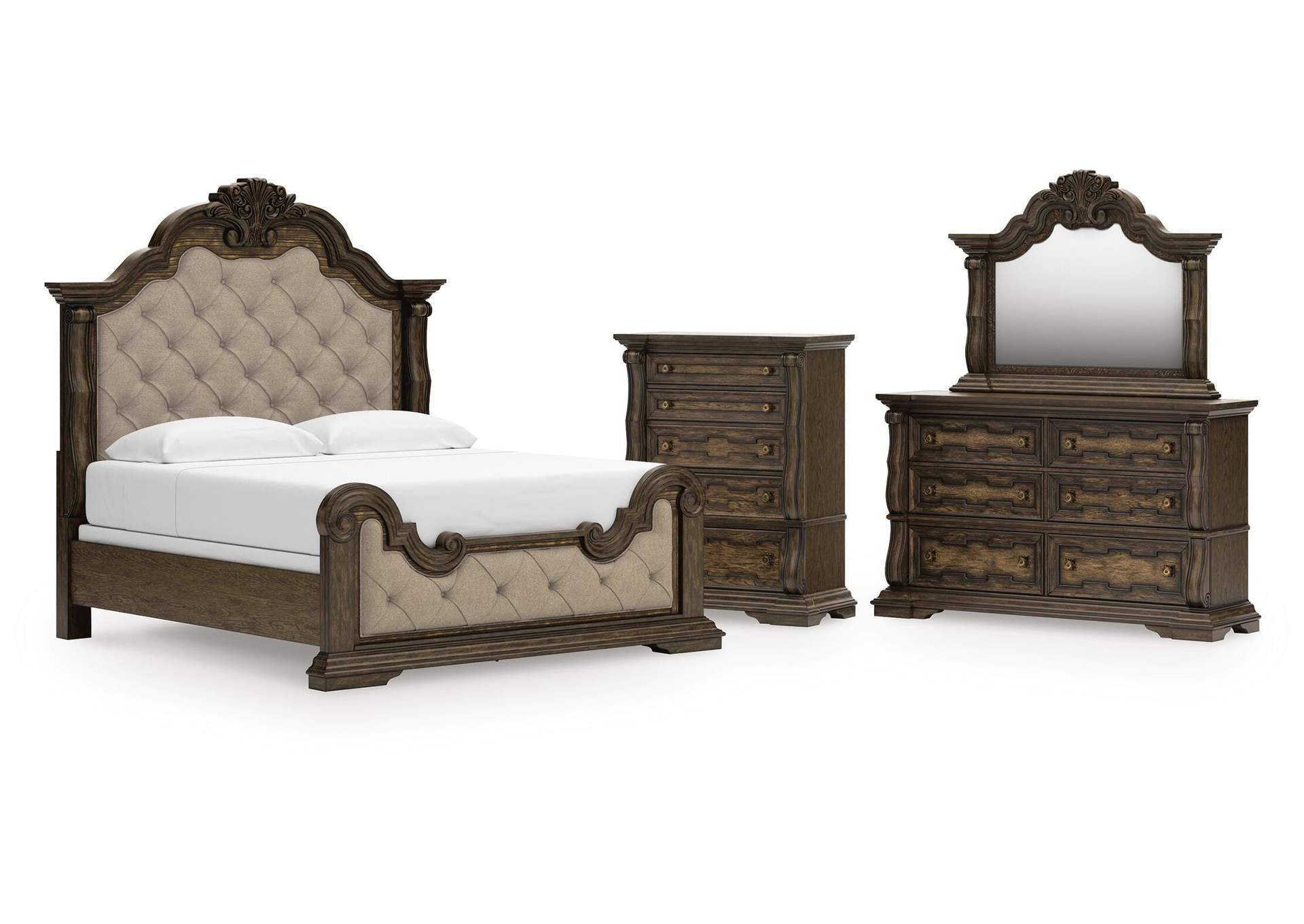 Maylee King Upholstered Bed, Dresser, Mirror and Chest