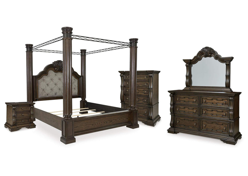 Maylee King Canopy Bed with Mirrored Dresser, Chest and Nightstand