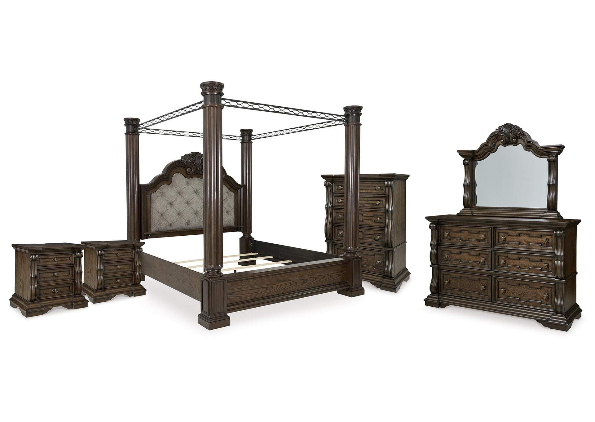 Maylee King Canopy Bed, Dresser, Mirror, Chest and 2 Nightstands