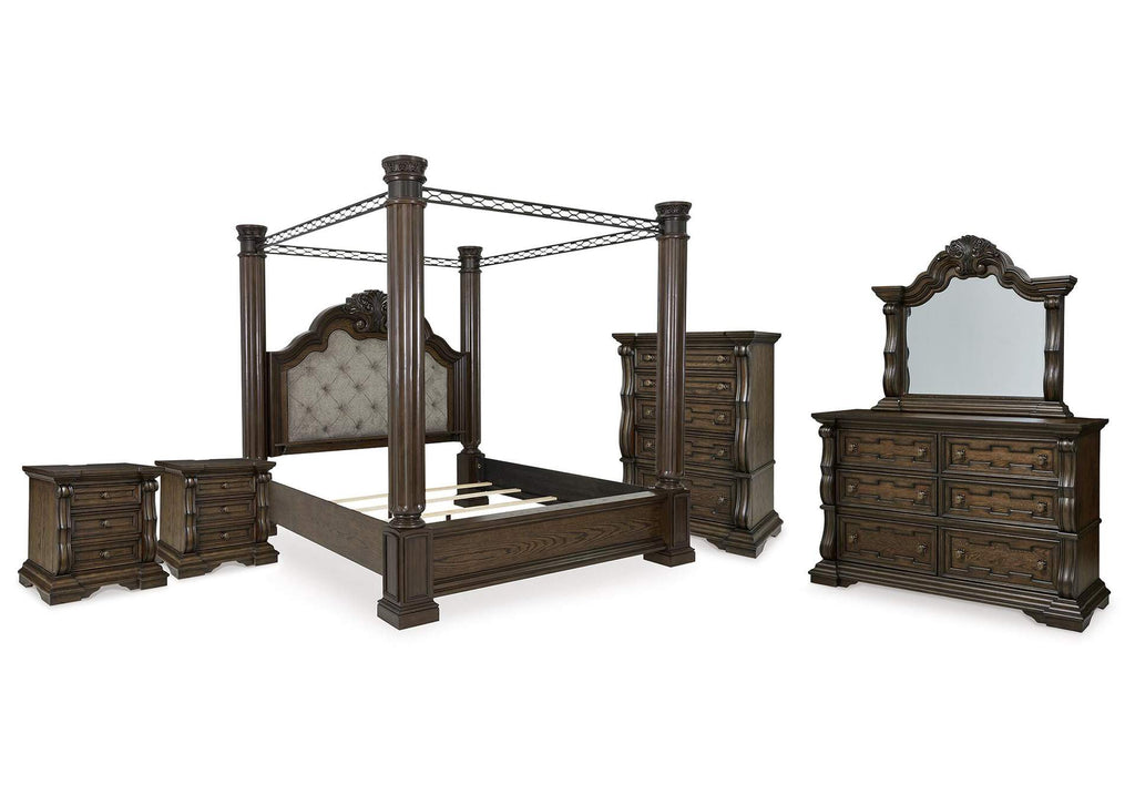 Maylee California King Canopy Bed, Dresser, Mirror, Chest and 2 Nightstands