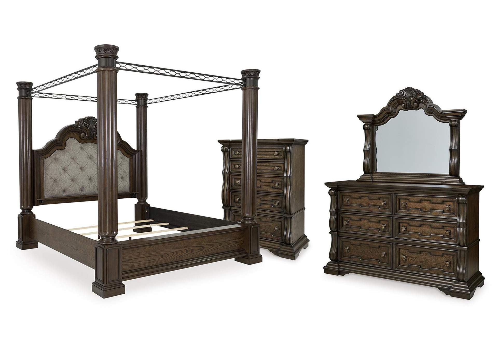 Maylee King Canopy Bed with Mirrored Dresser and Chest