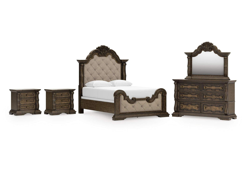Maylee Queen Upholstered Bed, Dresser, Mirror and 2 Nightstands