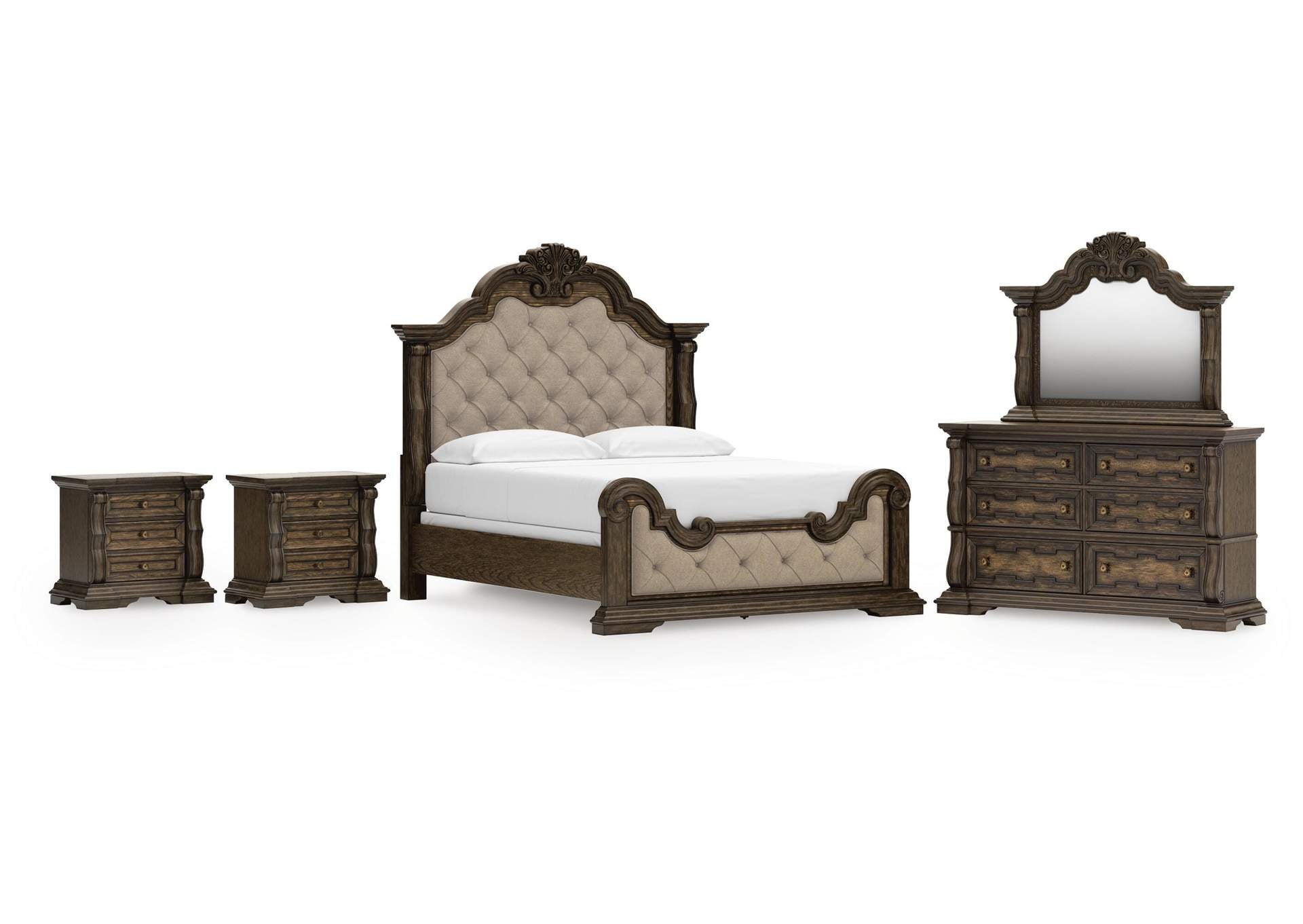 Maylee California King Upholstered Bed, Dresser, Mirror and 2 Nightstands