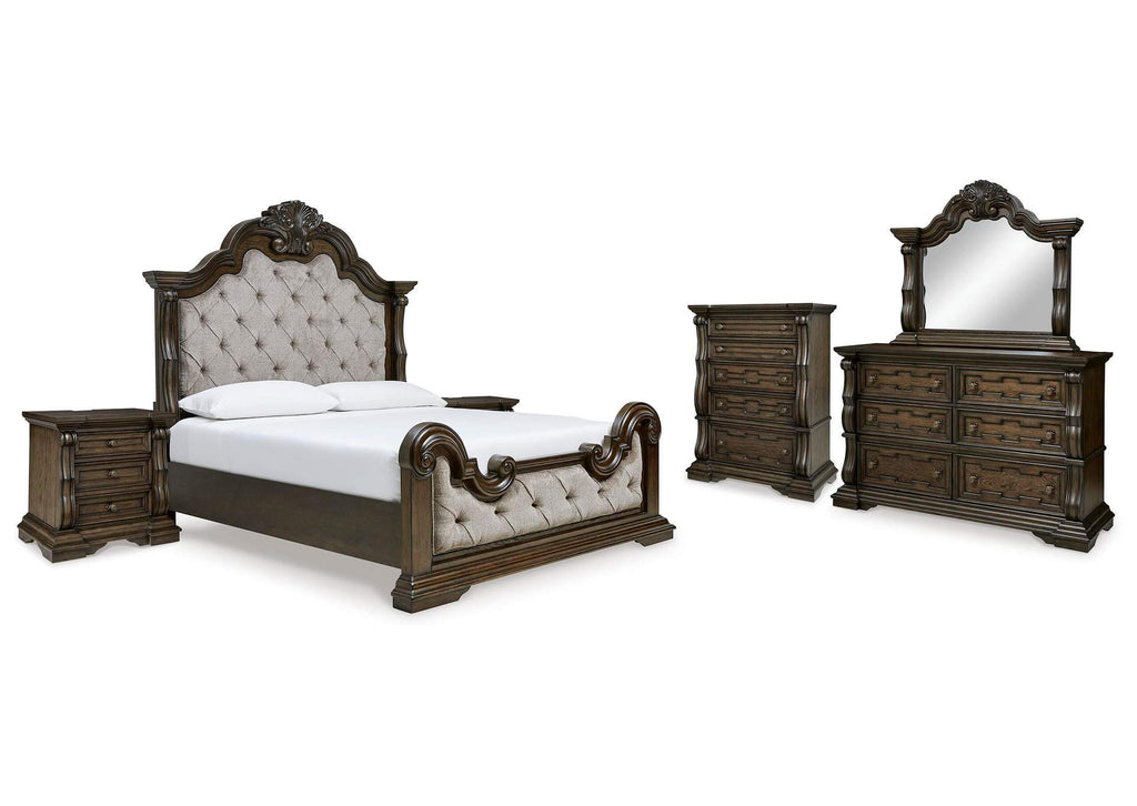 Maylee Queen Upholstered Bed with Mirrored Dresser, Chest and 2 Nightstands