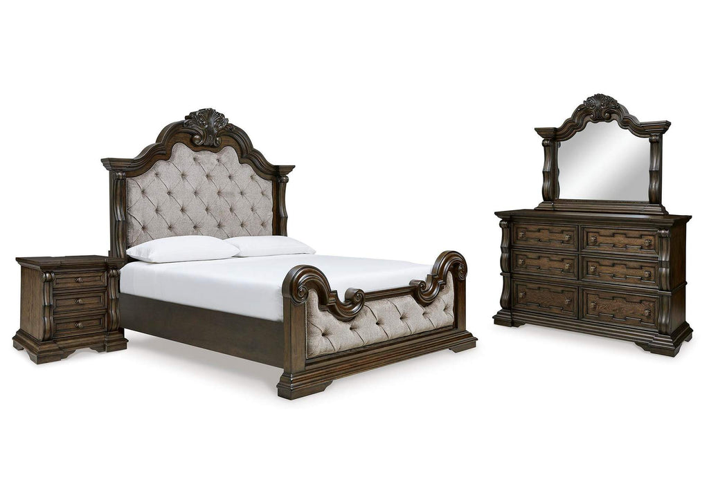 Maylee Queen Upholstered Bed with Mirrored Dresser and Nightstand