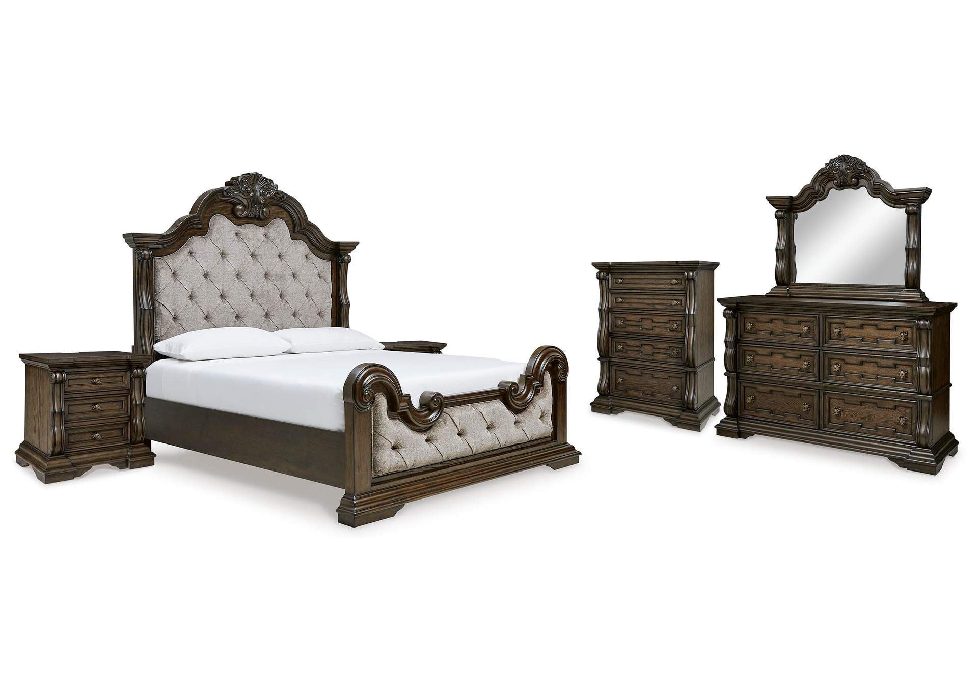 Maylee King Upholstered Bed with Mirrored Dresser, Chest and 2 Nightstands