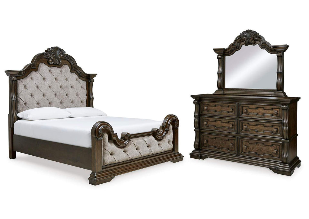 Maylee King Upholstered Bed with Mirrored Dresser
