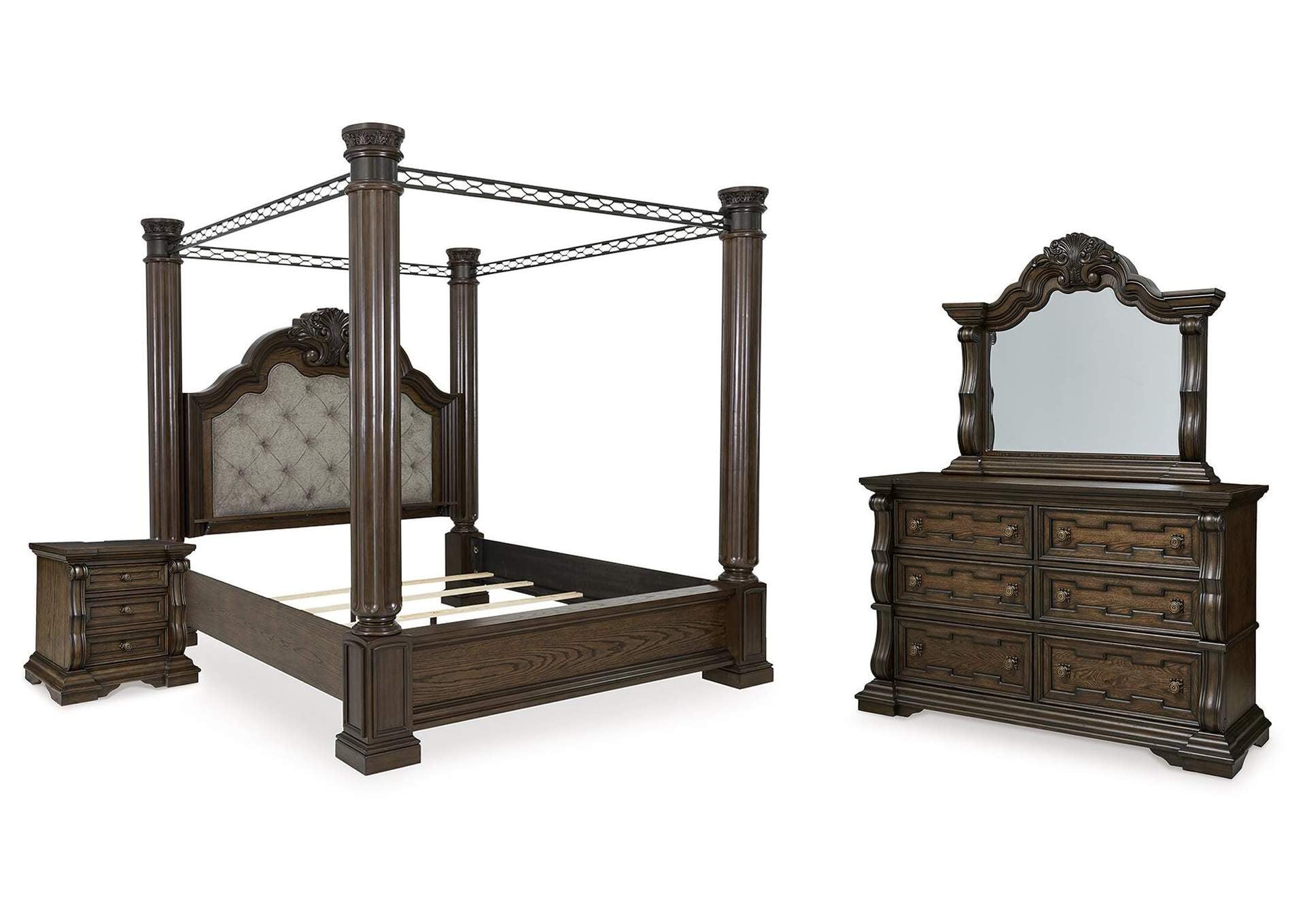 Maylee King Canopy Bed with Mirrored Dresser and Nightstand
