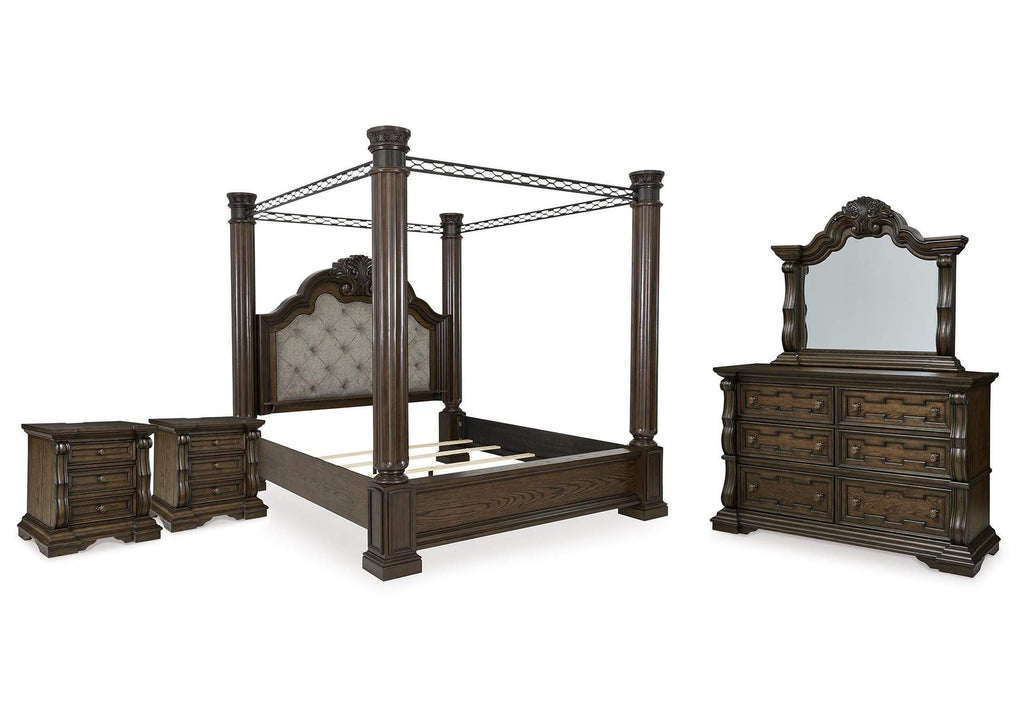 Maylee King Canopy Bed, Dresser, Mirror and 2 Nightstands