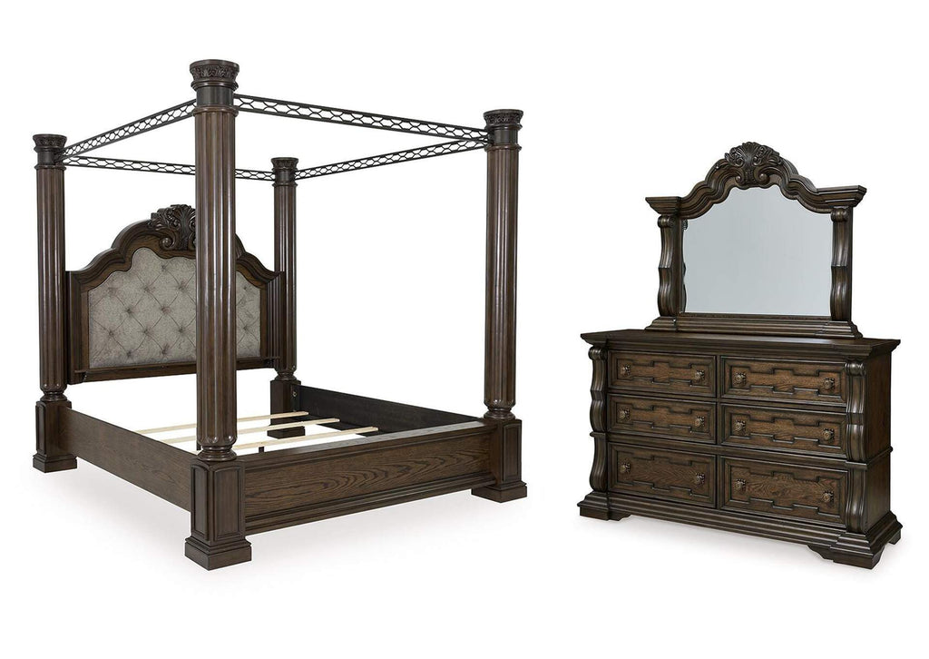 Maylee King Canopy Bed with Mirrored Dresser