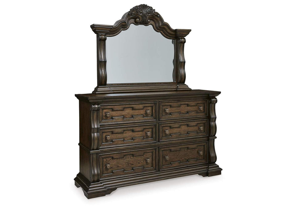 Maylee California King Upholstered Bed with Mirrored Dresser and Nightstand angled view