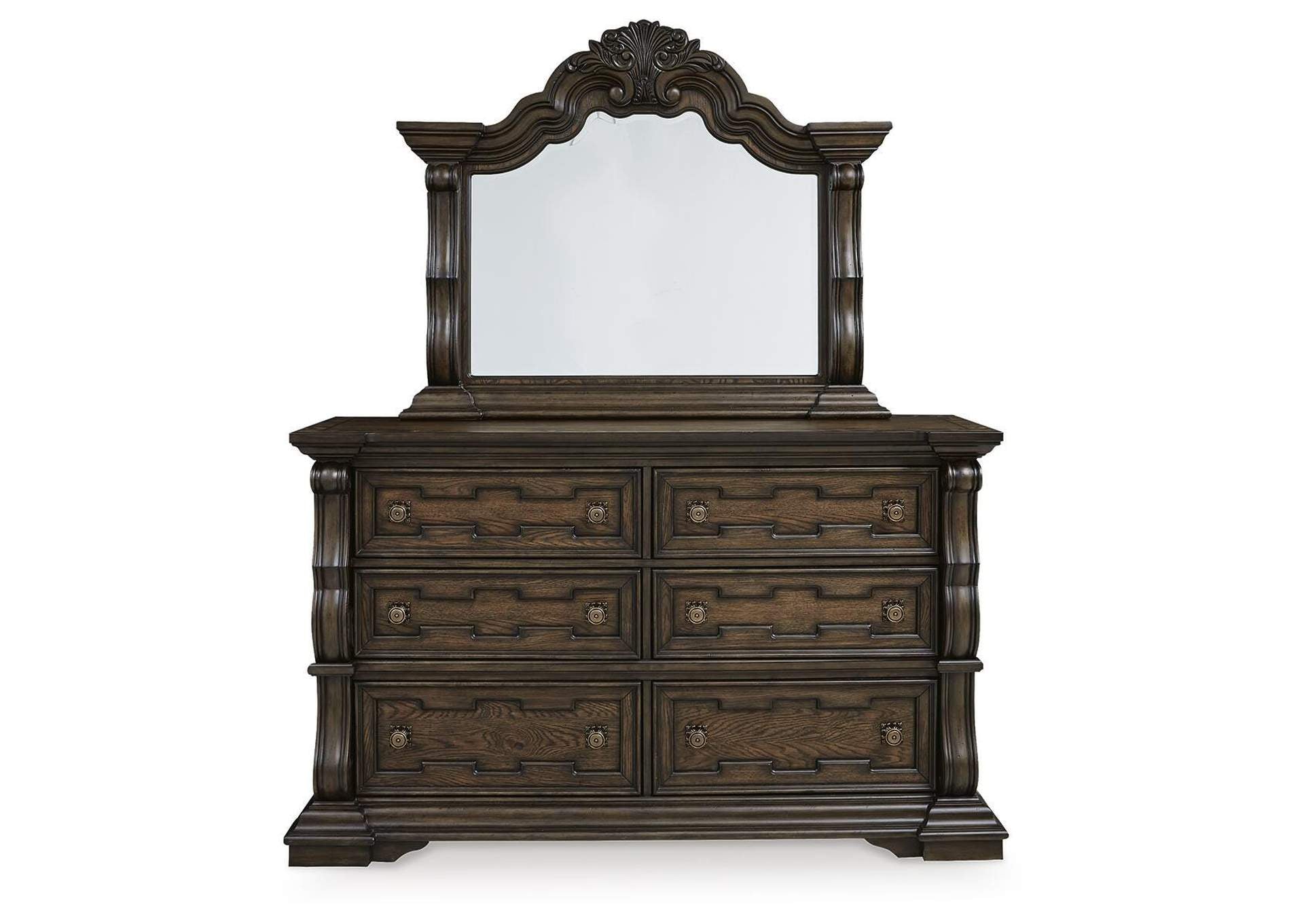 Maylee California King Upholstered Bed with Mirrored Dresser, Chest and 2 Nightstands front view