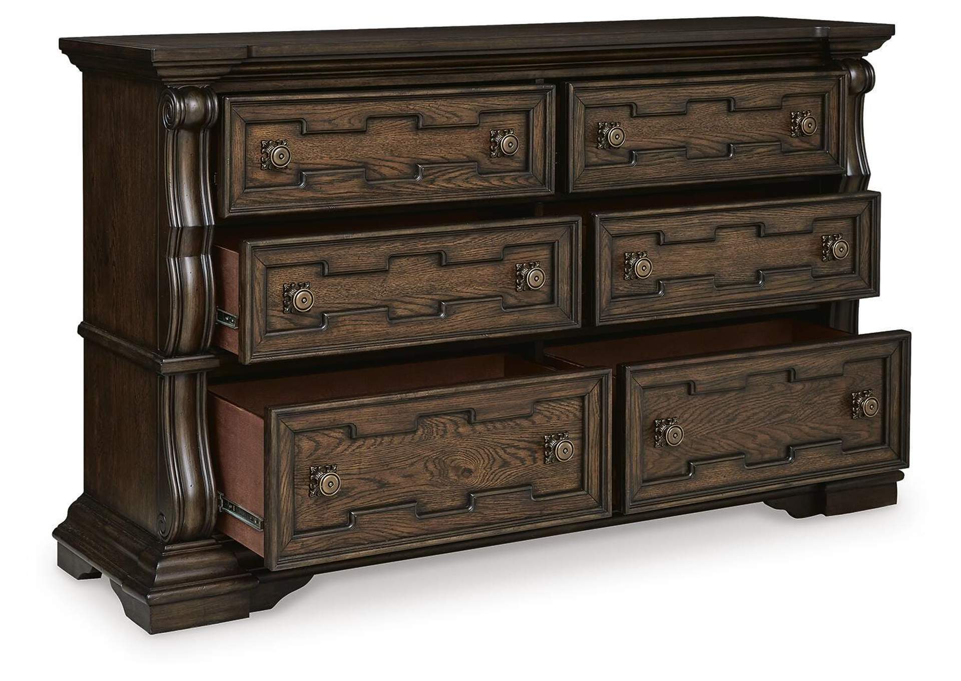 Maylee California King Canopy Bed, Dresser and Nightstand angled view