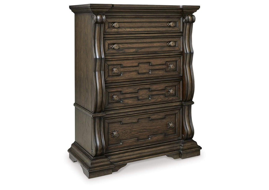 Maylee King Canopy Bed with Mirrored Dresser, Chest and Nightstand angled view