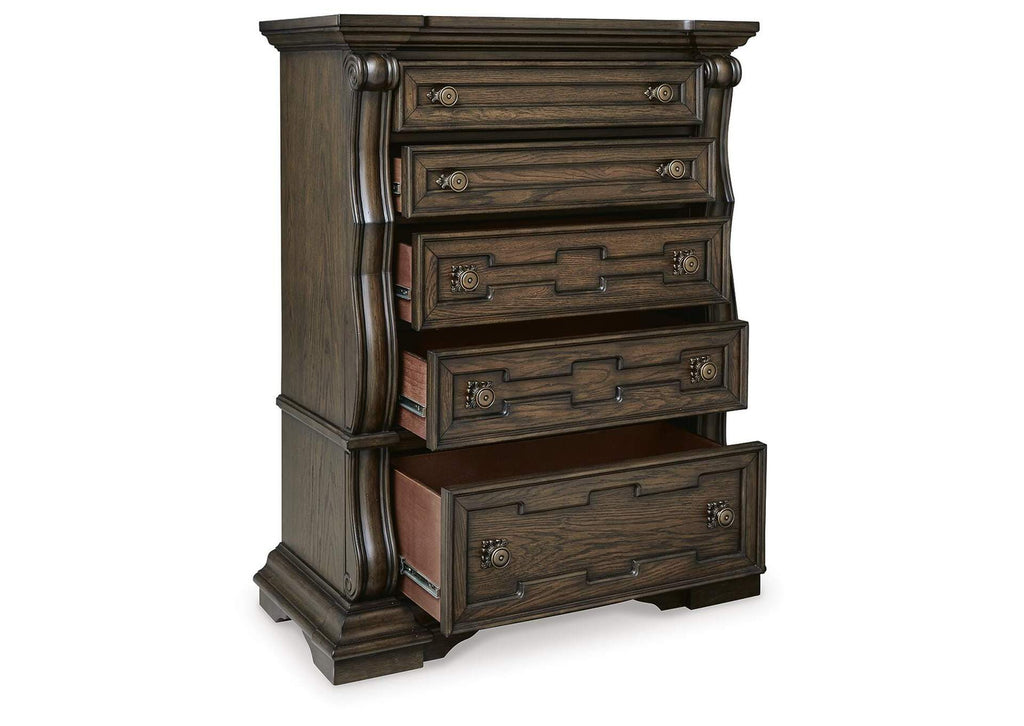 Maylee Queen Canopy Bed, Dresser, Mirror, Chest and 2 Nightstands angled view