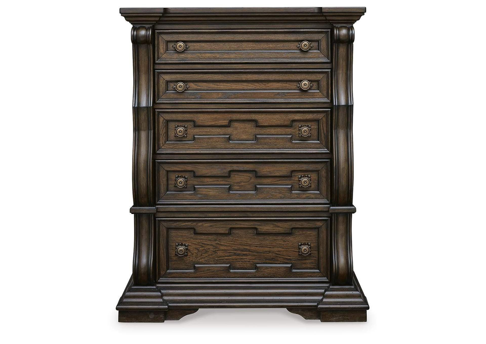Maylee King Canopy Bed with Mirrored Dresser, Chest and Nightstand front view
