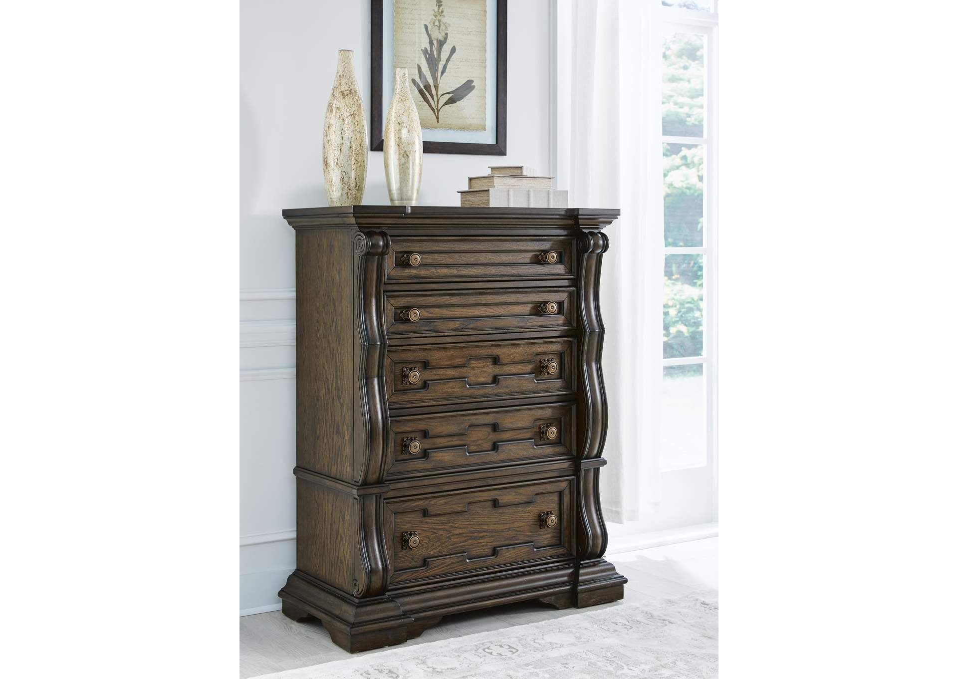 Maylee King Canopy Bed with Mirrored Dresser, Chest and Nightstand