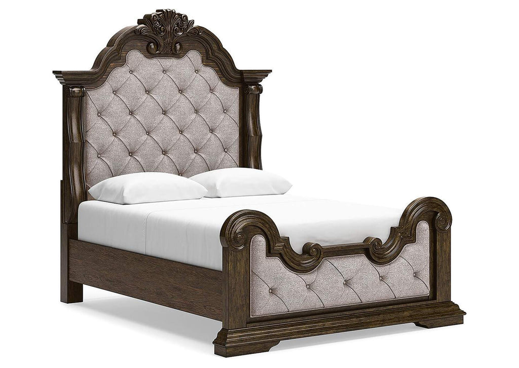 Maylee Queen Upholstered Bed, Dresser, Mirror and Chest angled view