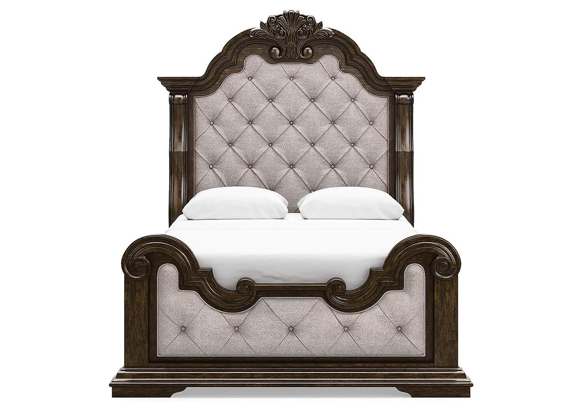 Maylee Queen Upholstered Bed, Dresser, Mirror and Chest