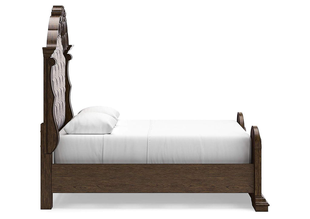 Maylee Queen Upholstered Bed, Dresser, Mirror and Chest side view