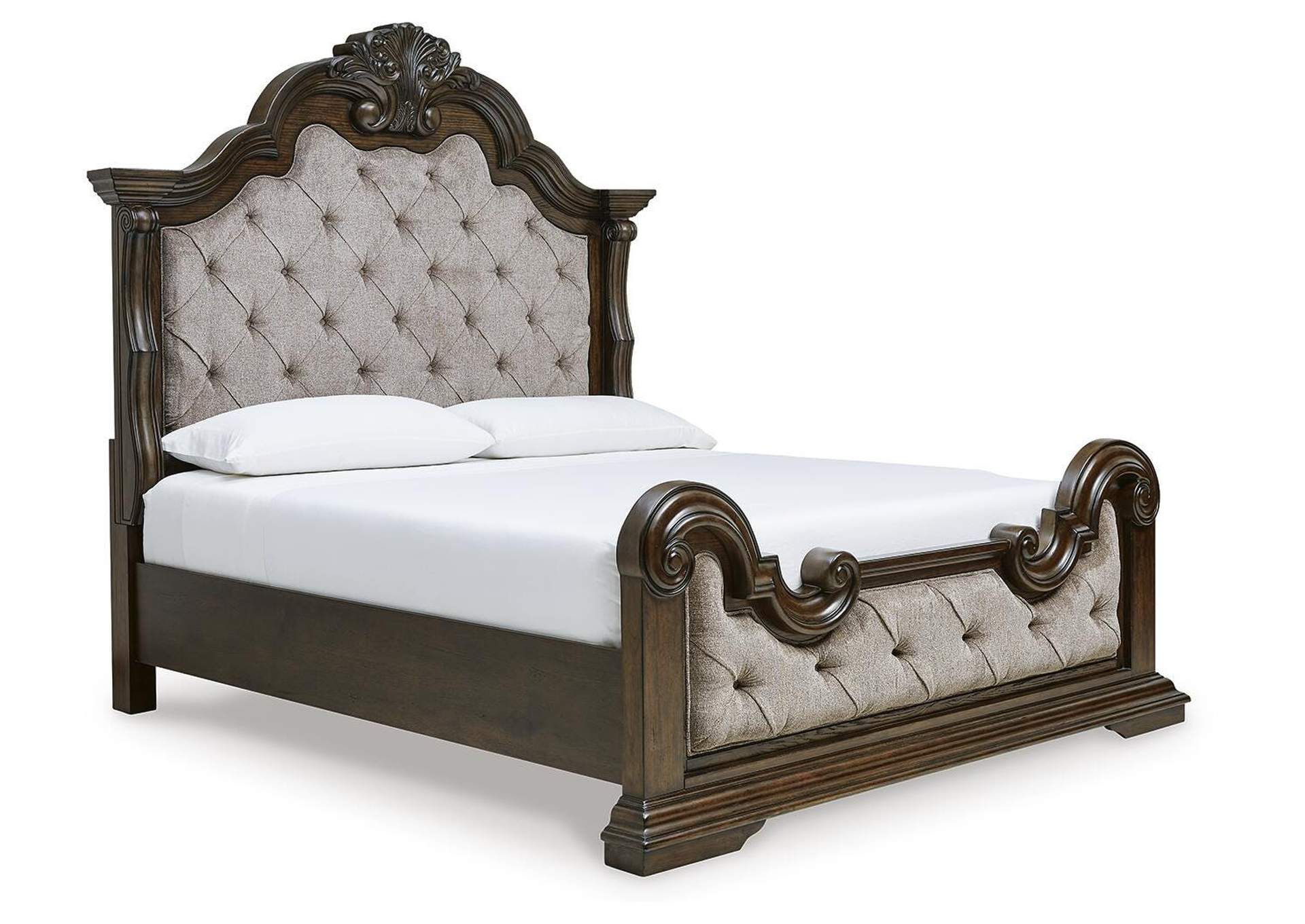 Maylee California King Upholstered Bed with Mirrored Dresser, Chest and 2 Nightstands angled view
