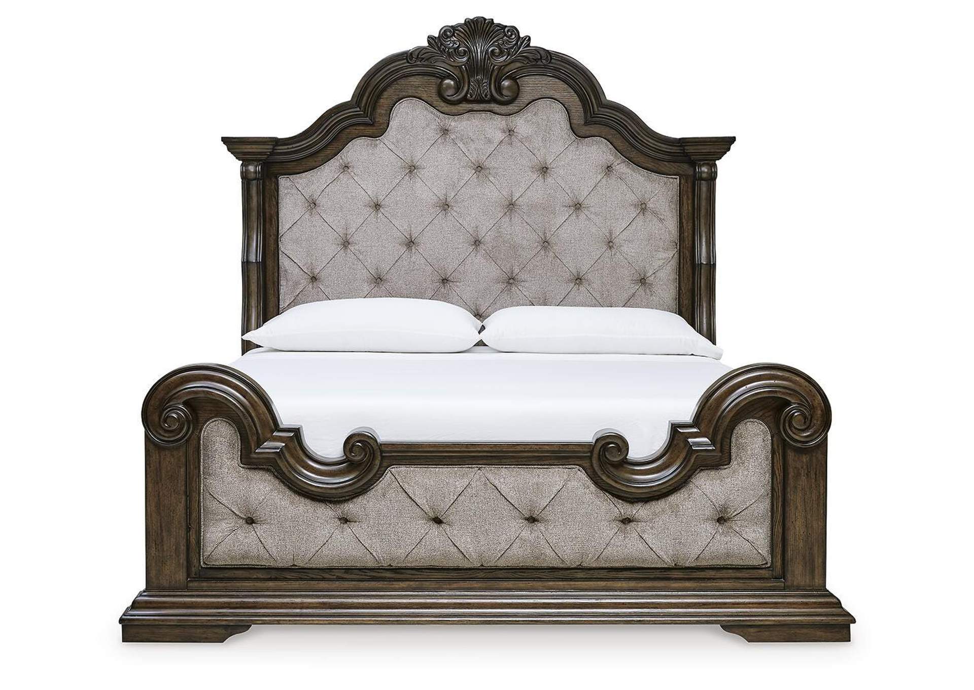 Maylee Queen Upholstered Bed with Mirrored Dresser and Nightstand front view