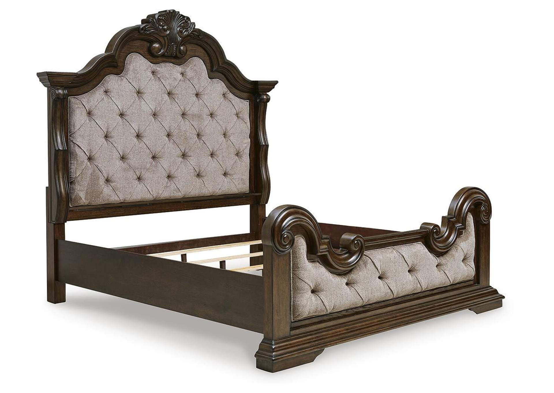 Maylee King Upholstered Bed with Mirrored Dresser and Nightstand angled view