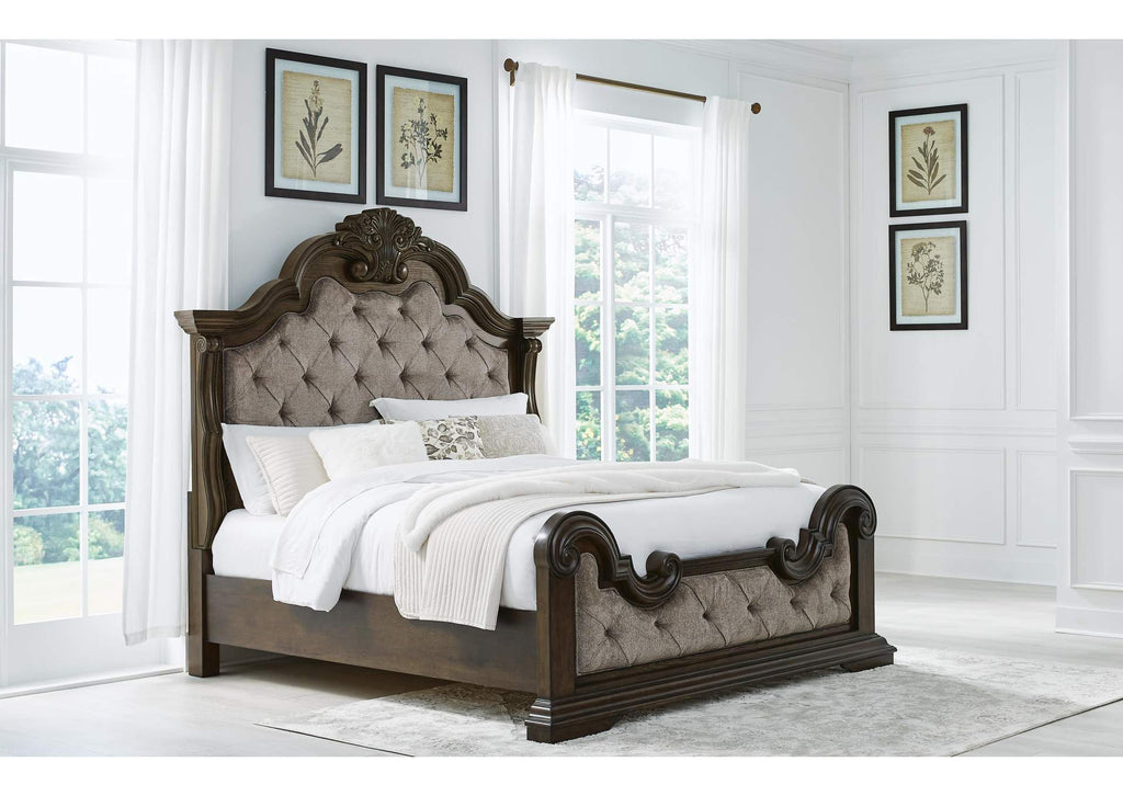 Maylee King Upholstered Bed with Mirrored Dresser and Nightstand