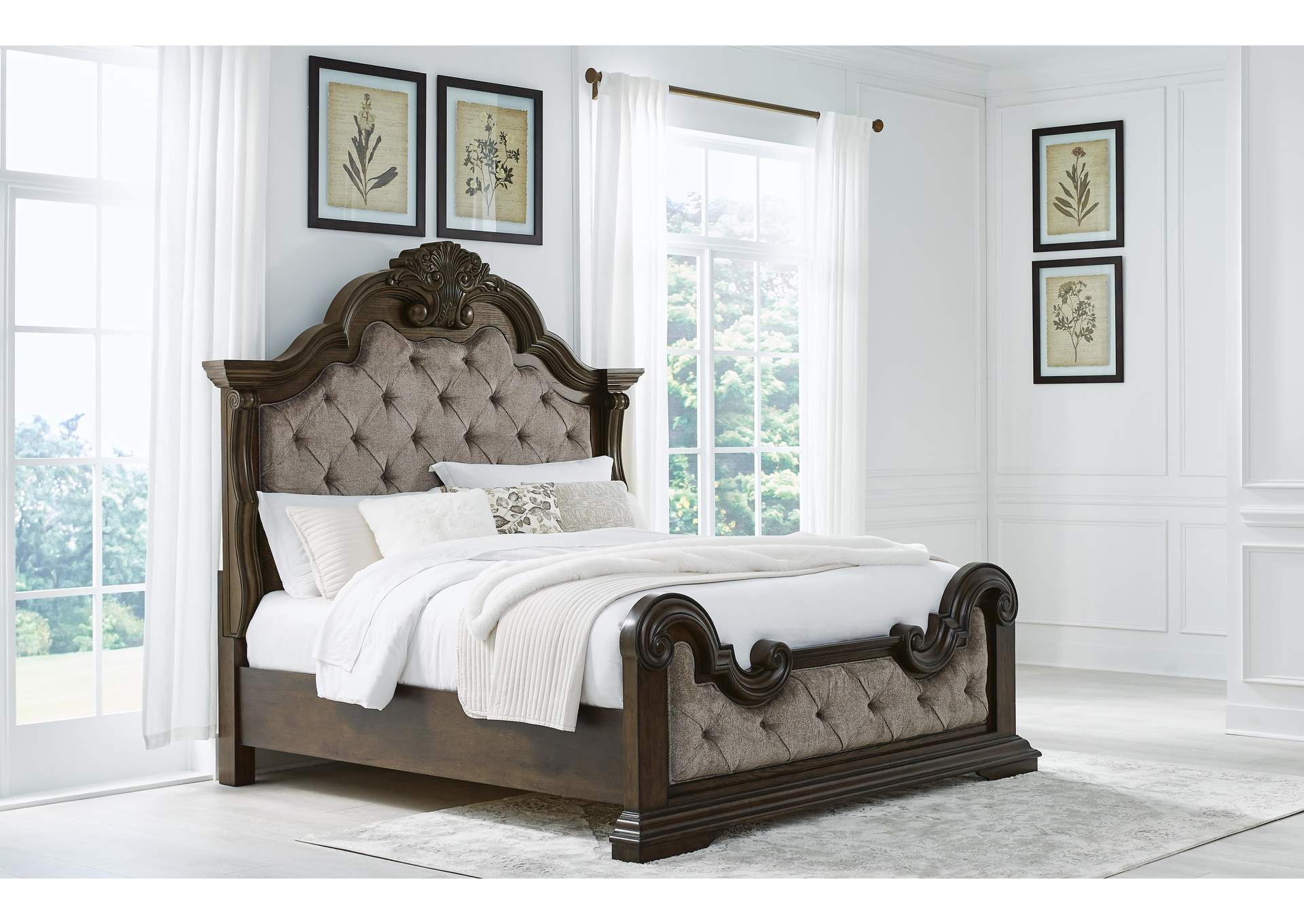 Maylee King Upholstered Bed with Mirrored Dresser and Nightstand