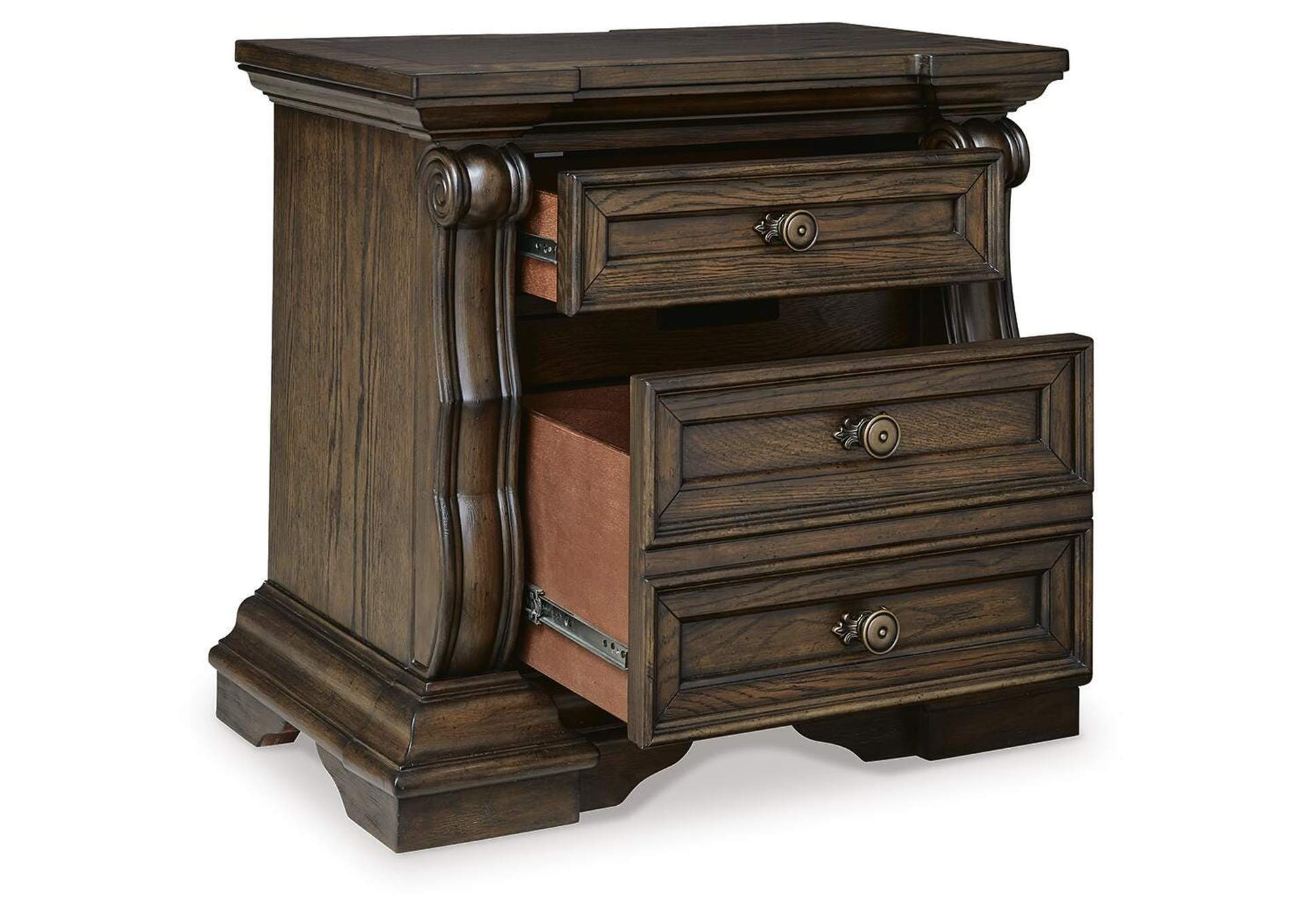 Maylee California King Upholstered Bed and 2 Nightstands angled view