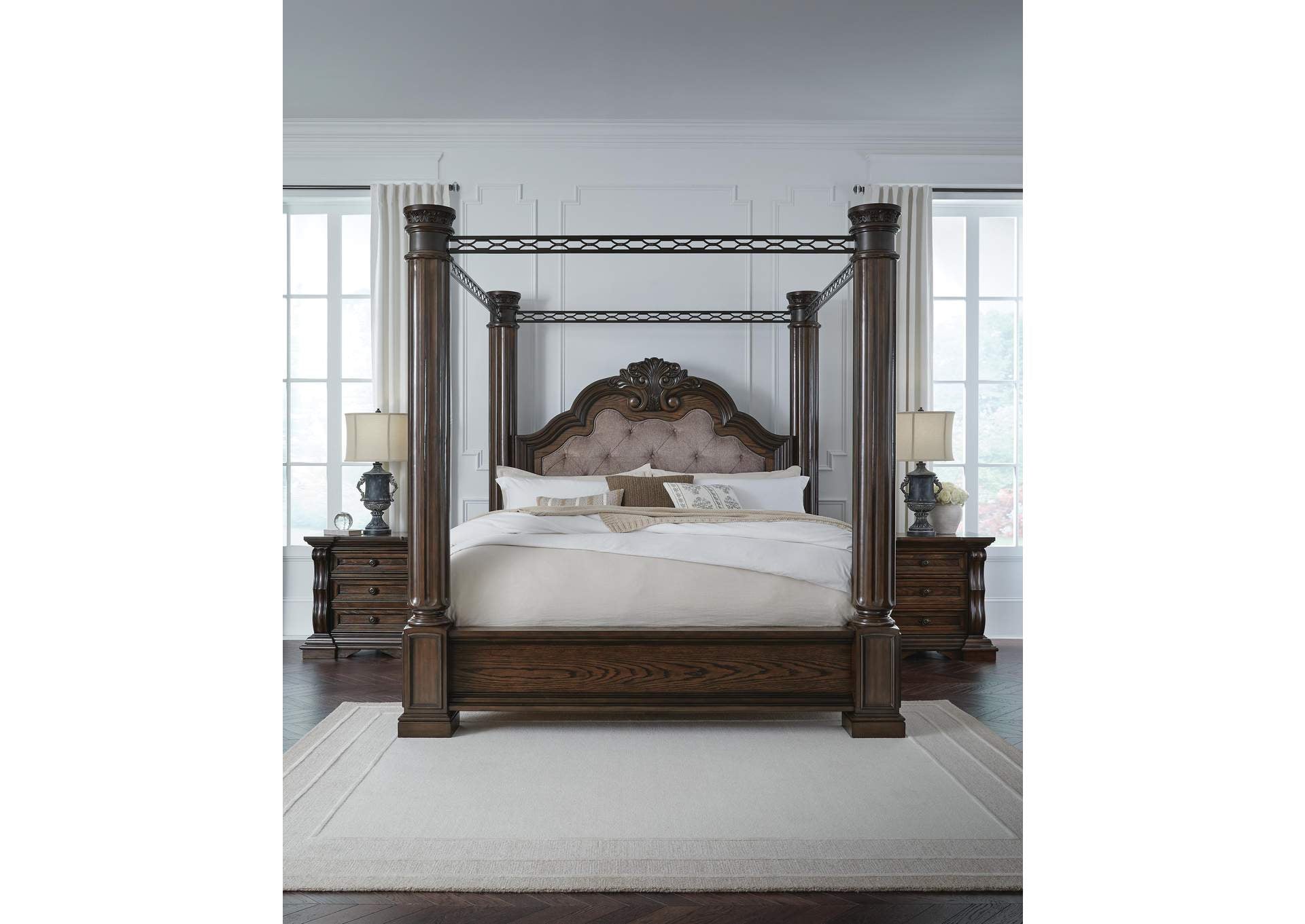 Maylee California King Canopy Bed, Dresser, Mirror, Chest and 2 Nightstands