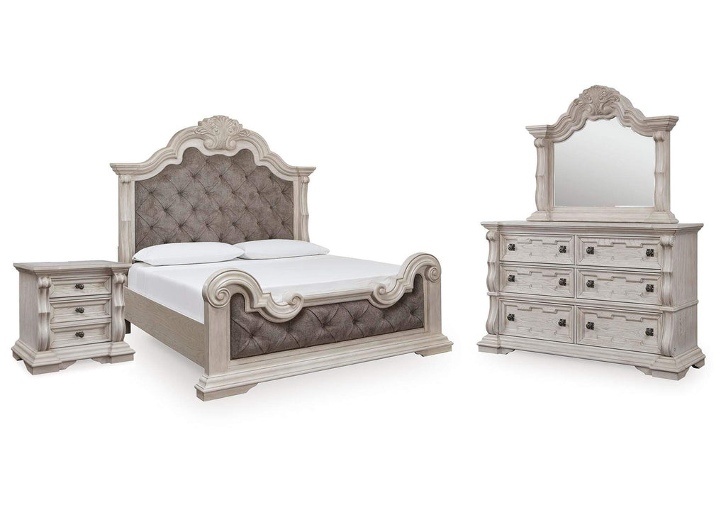 Andonhall California King Upholstered Panel Bed with Mirrored Dresser and Nightstand