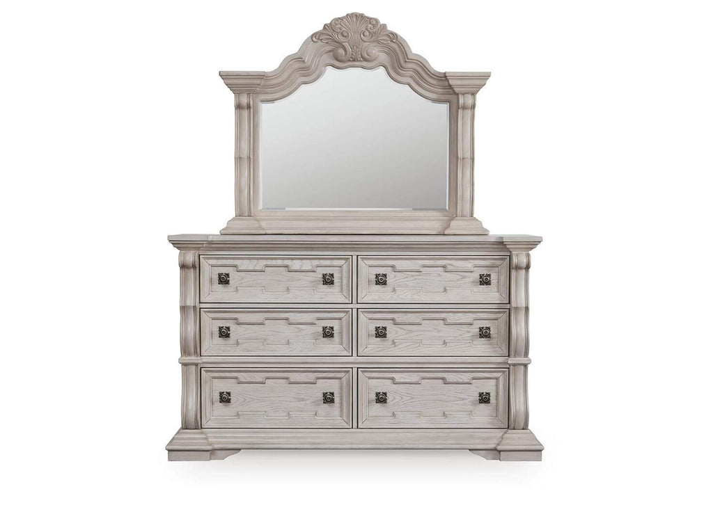 Andonhall California King Upholstered Panel Bed with Mirrored Dresser and Nightstand front view