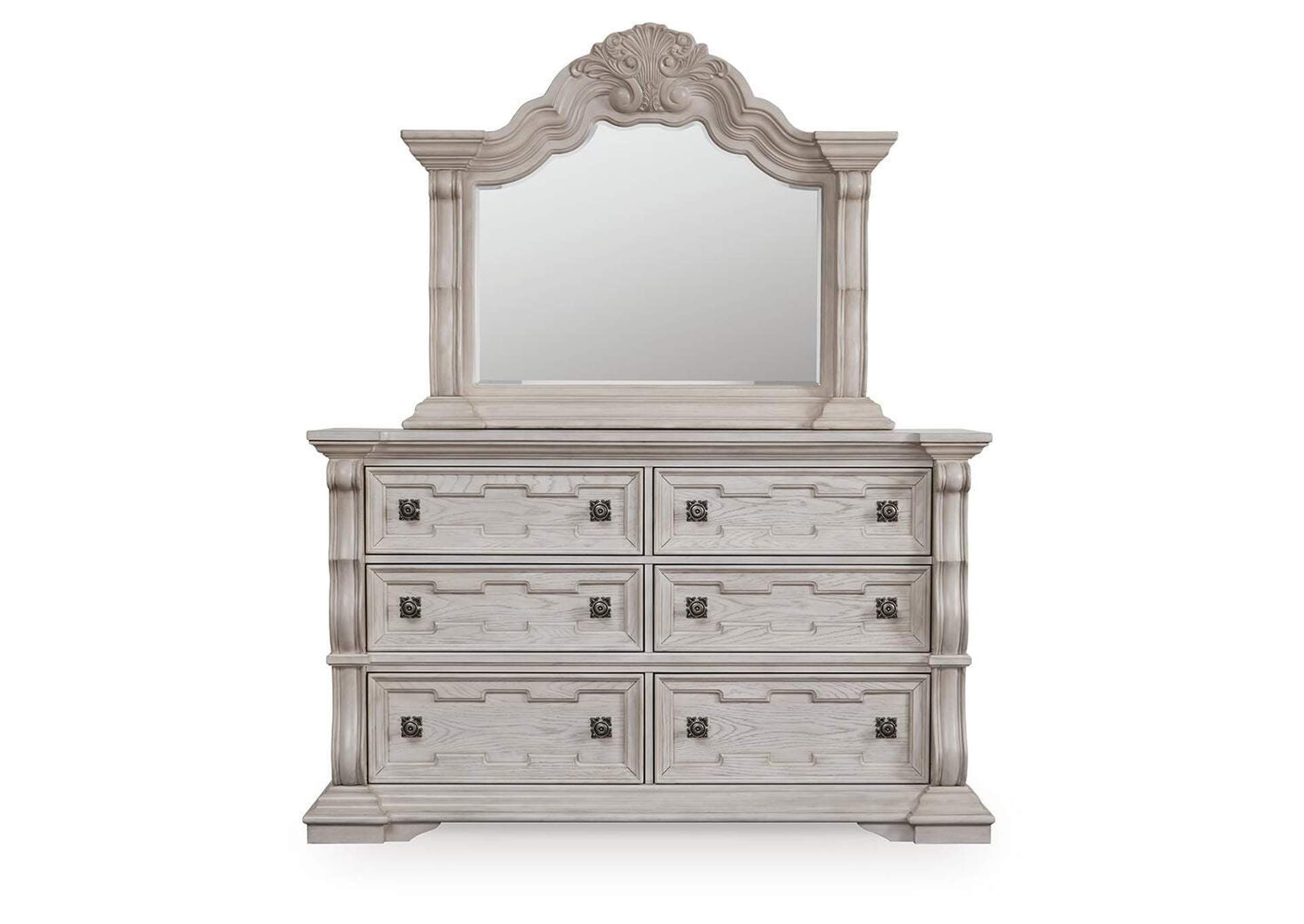 Andonhall California King Upholstered Panel Bed with Mirrored Dresser and Nightstand front view