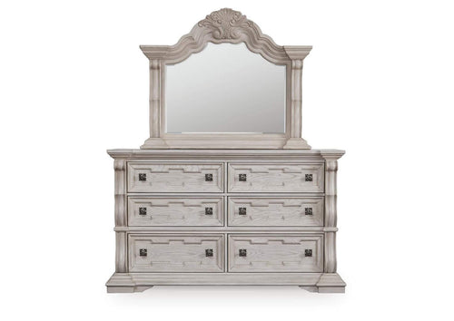 Andonhall California King Upholstered Panel Bed with Mirrored Dresser and Nightstand front view