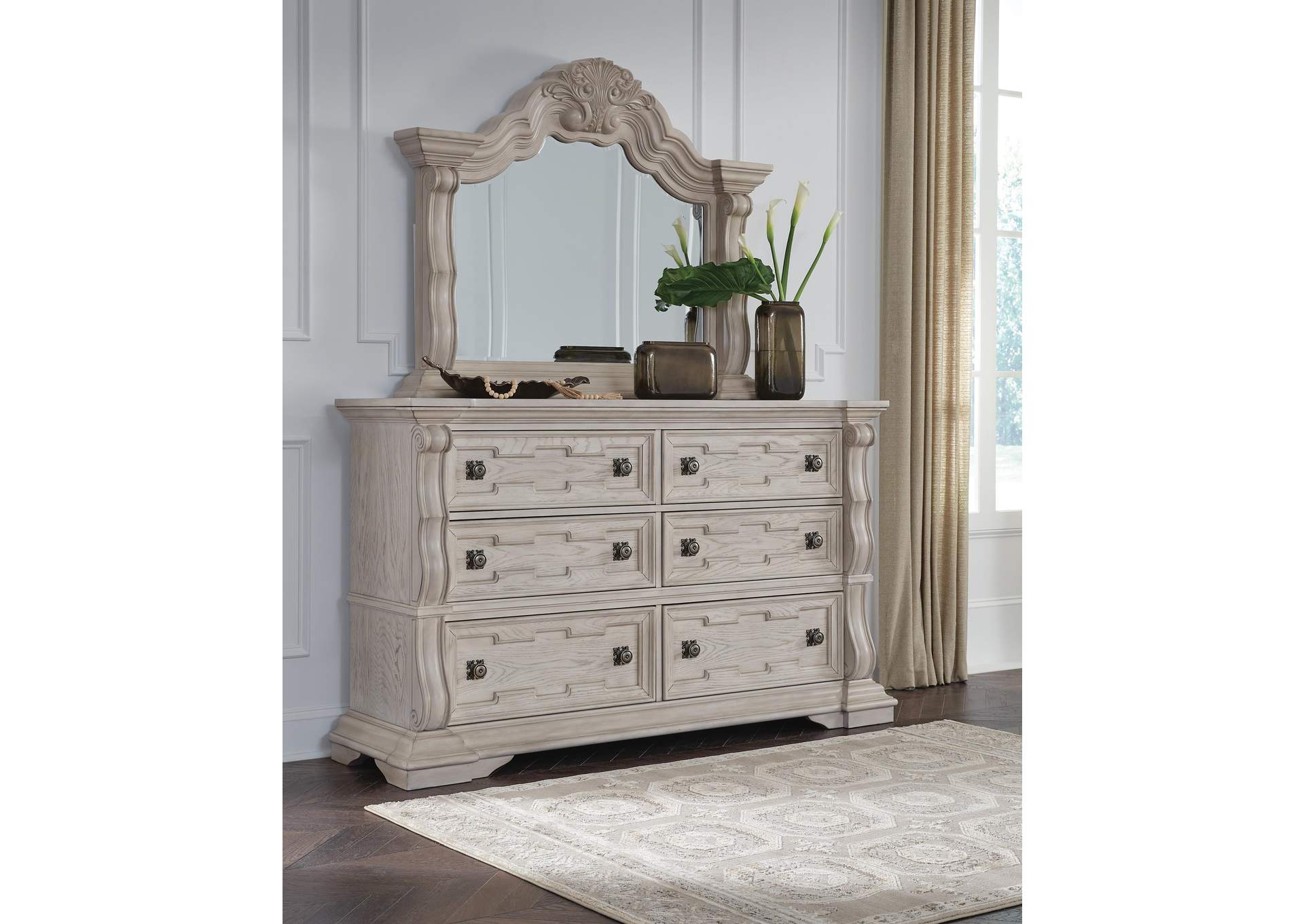 Andonhall California King Upholstered Panel Bed with Mirrored Dresser and Nightstand