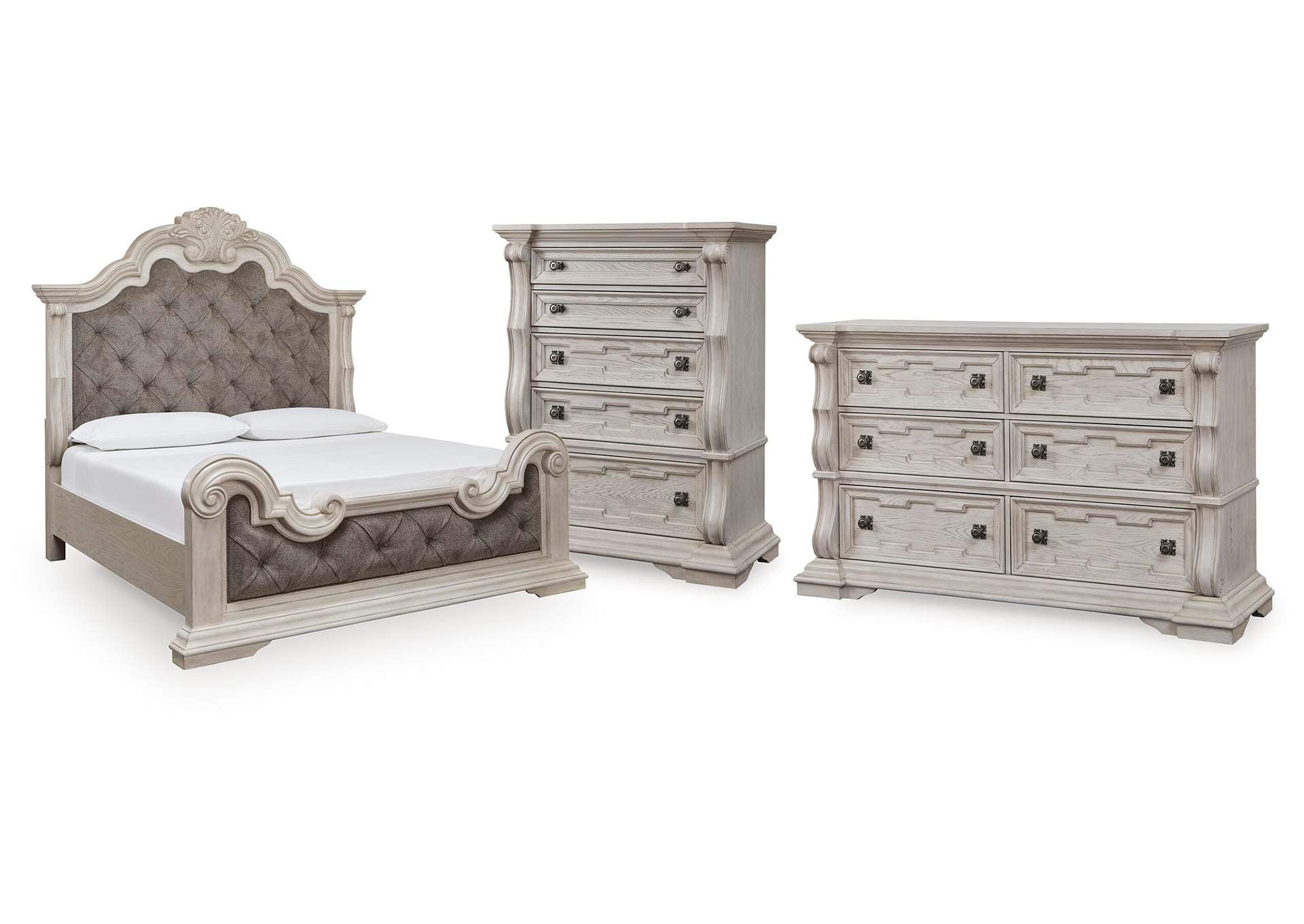 Andonhall California King Upholstered Panel Bed with Dresser and Chest