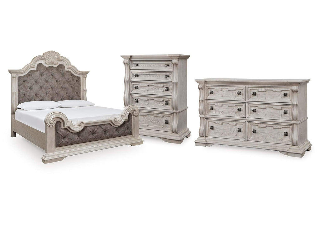 Andonhall King Upholstered Panel Bed with Dresser and Chest
