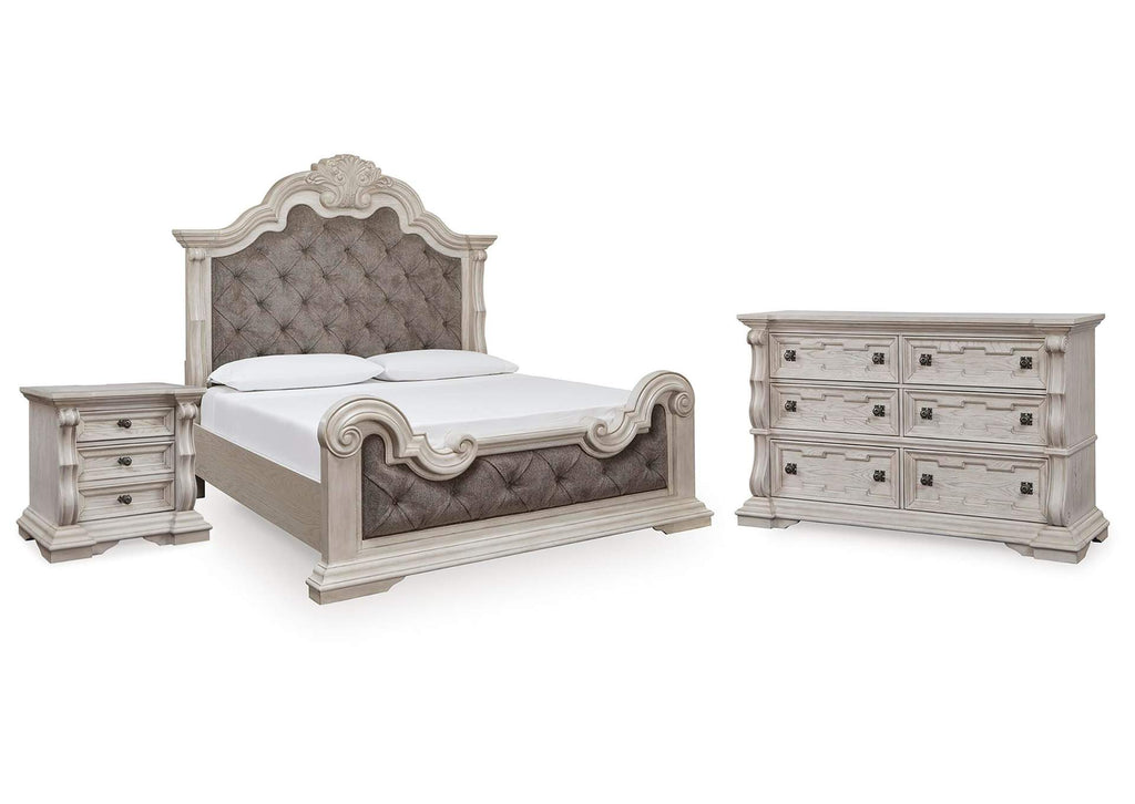Andonhall California King Upholstered Panel Bed with Dresser and Nightstand