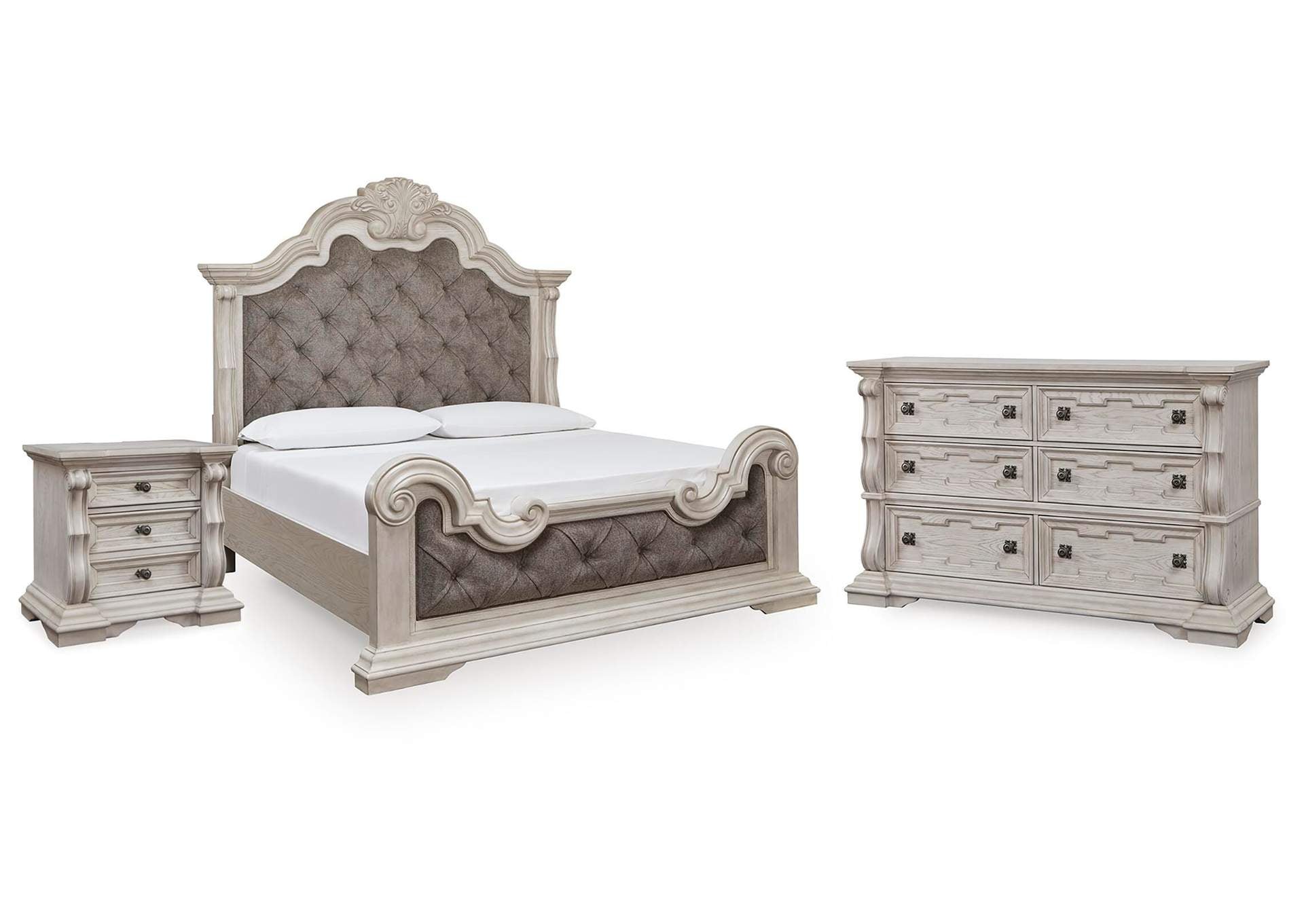 Andonhall King Upholstered Panel Bed with Dresser and Nightstand